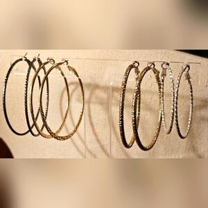 4-Pair Gold Silver Gunmetal Hoop Earrings Bundle E1P74